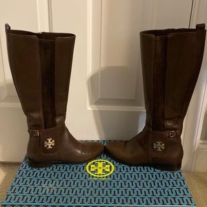 Tory Burch Wyatt Boots - Burnt Chocolate Calf Leather/Stretch - Size 8